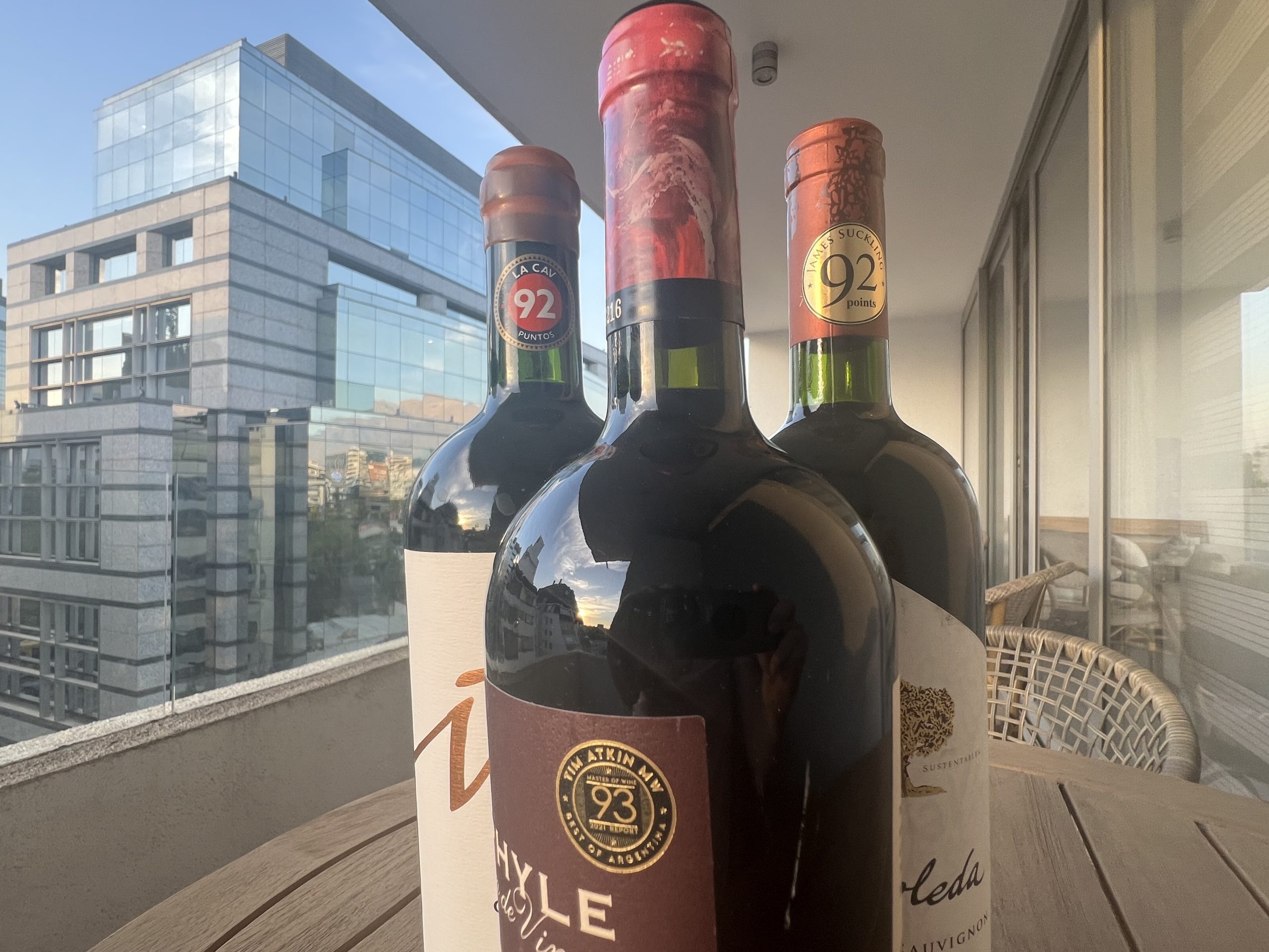 Wine rating stickers on wine bottles