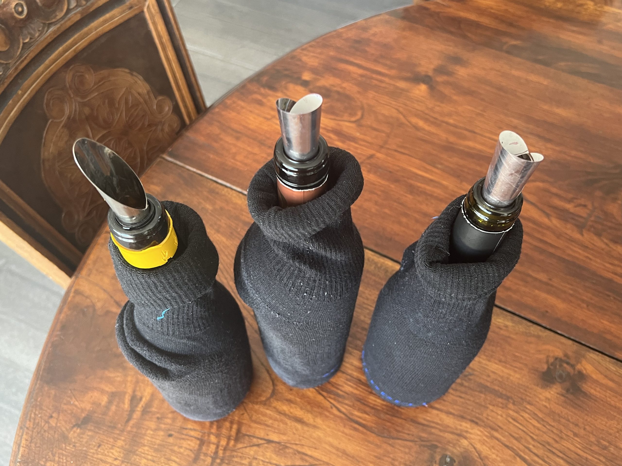 My set up for a blind wine tasting at home. Yes. Those are socks.